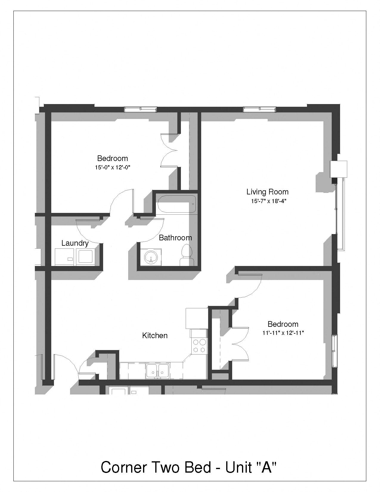 Floor plan for 2 beds, 1 bath, 1055 sqft